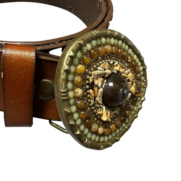 Brown Leather Belt with Stone Studded Buckle - Picture 3 of 6